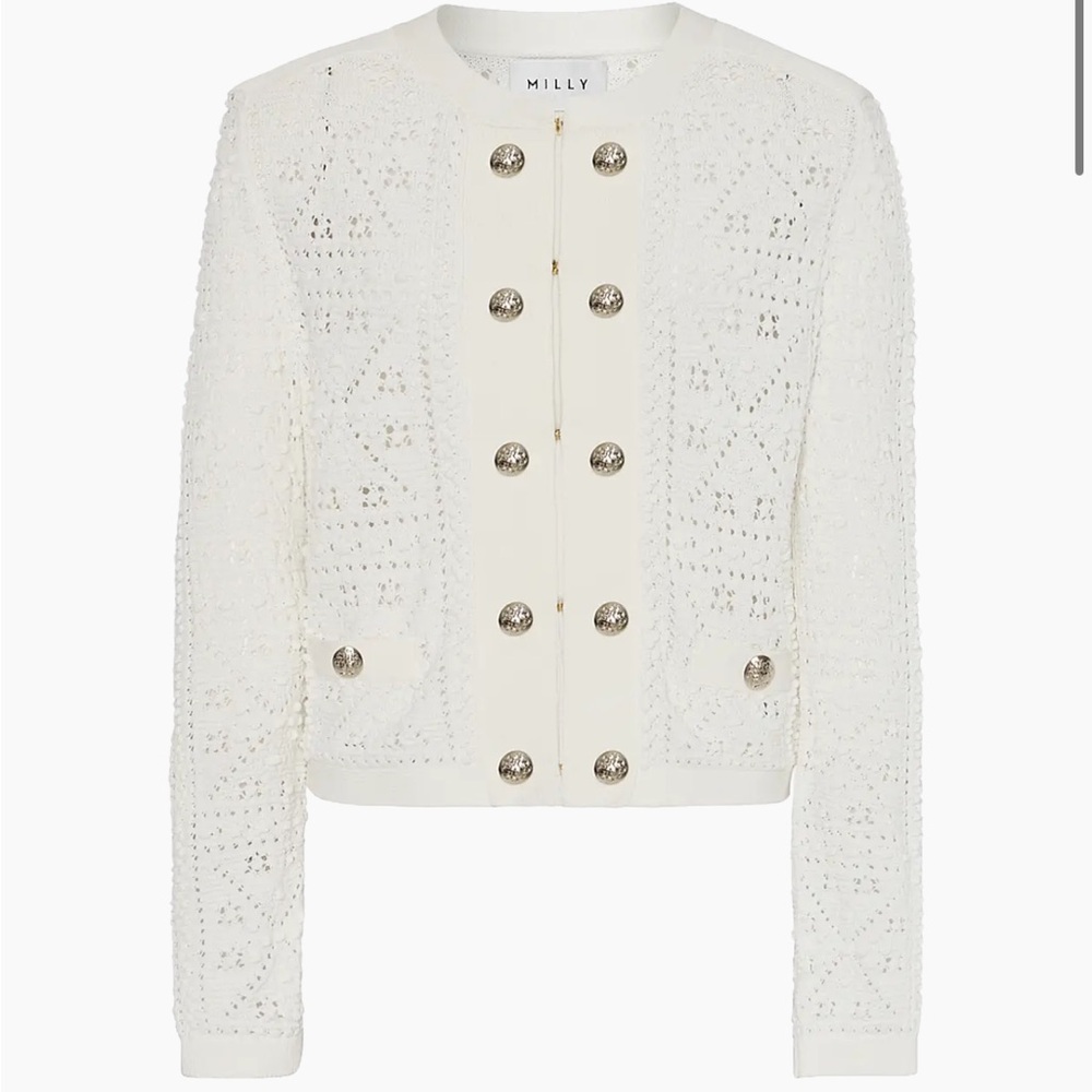 Milly White Crochet Bubble Pointelle-Knit Cardigan